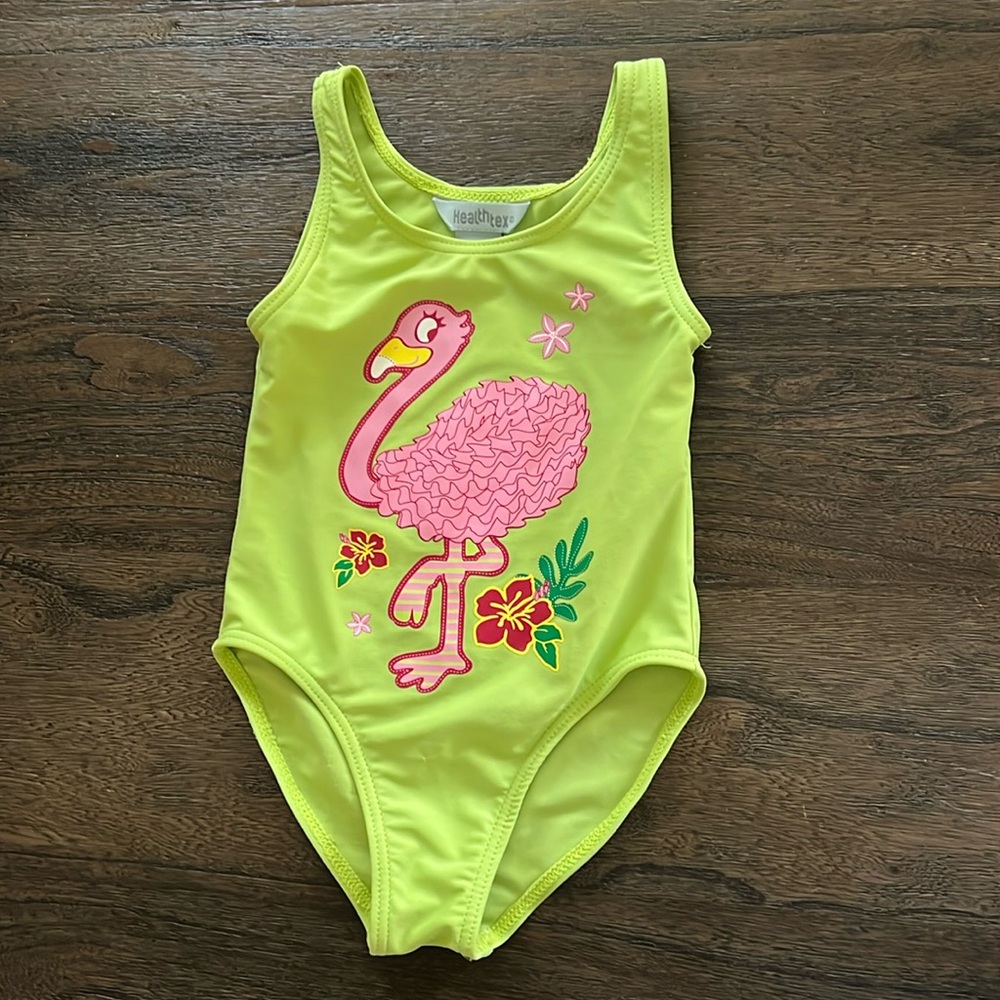 SOLD: Lime green flamingo toddler girl one piece swimsuit